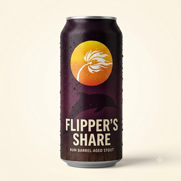 Flipper's Share can — dark plum label with dolphin silhouette and barrel grain, Rum Barrel-Aged Stout