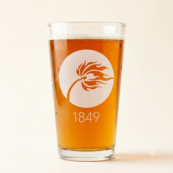Pint glass of amber ale with frosted etched palm-flame mark and 1849